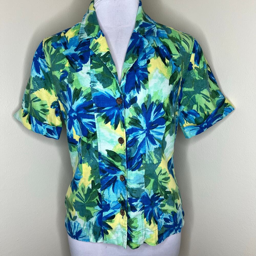 Chico's 100% Linen Top Small Floral Hawaiian Tropical Vacation Beach Blue Resort